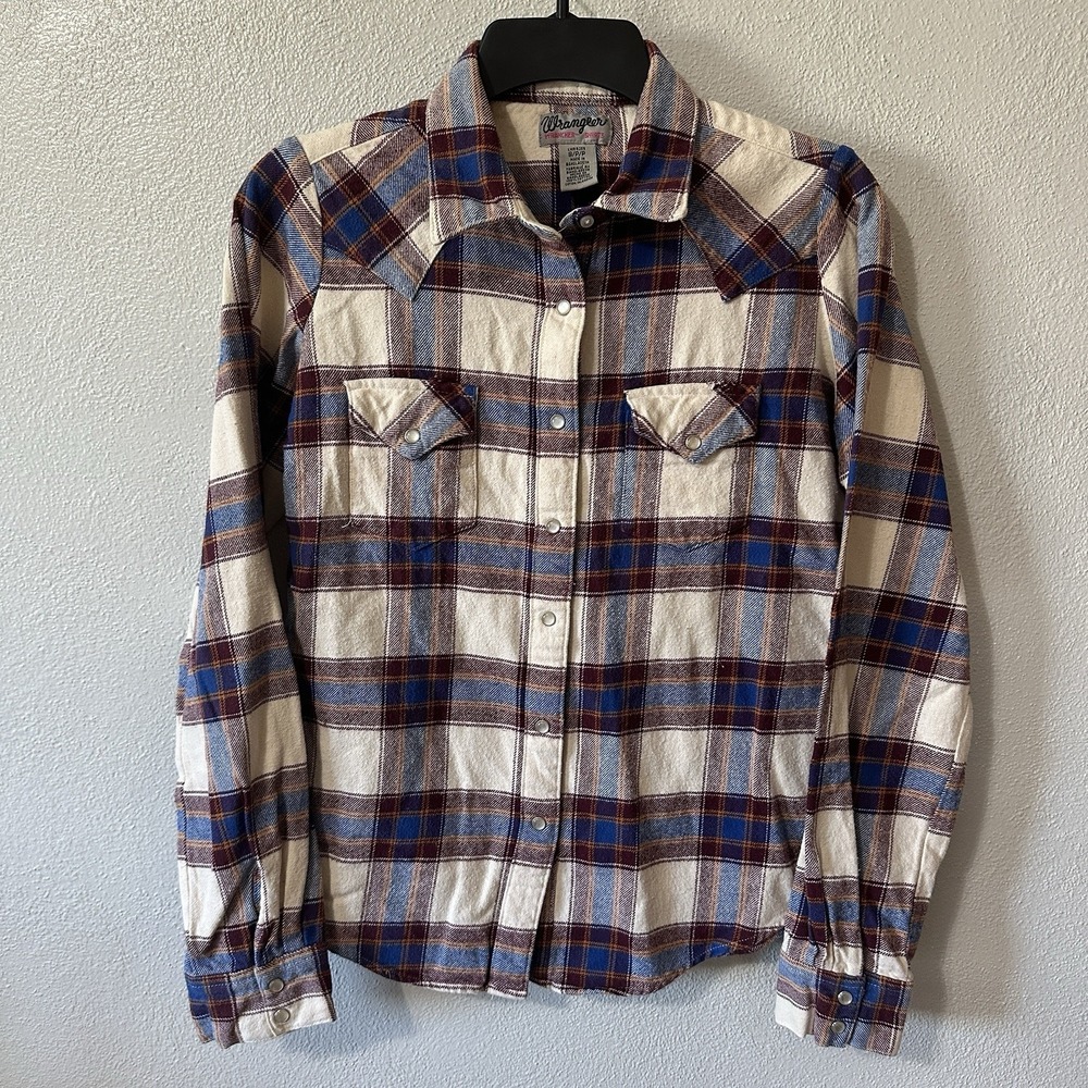 Wrangler Wrancher Flannel Pearl Snap Shirt Long Sleeve Size Small Purple‎ Plaid - Picture 2 of 5